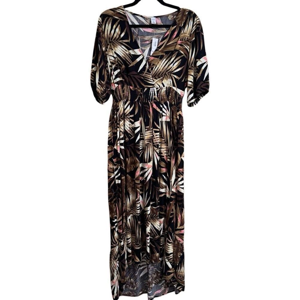 Old Navy Black Tropical Palm Leaf Smocked Waist Hi Low Dress Small Tall NWT